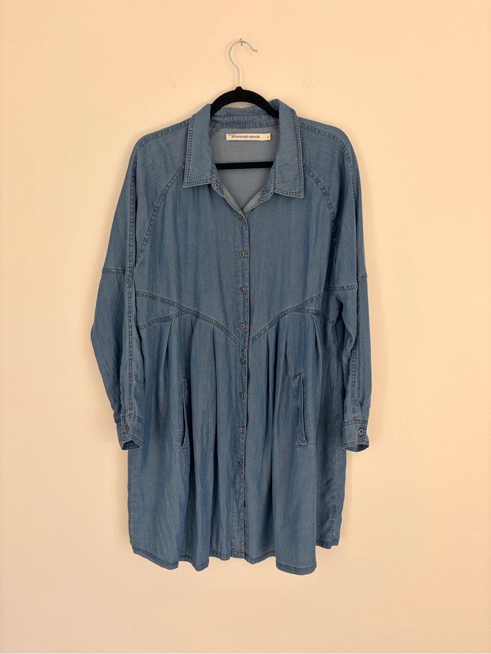 Light Blue Denim Button-Front Long Sleeve Dress